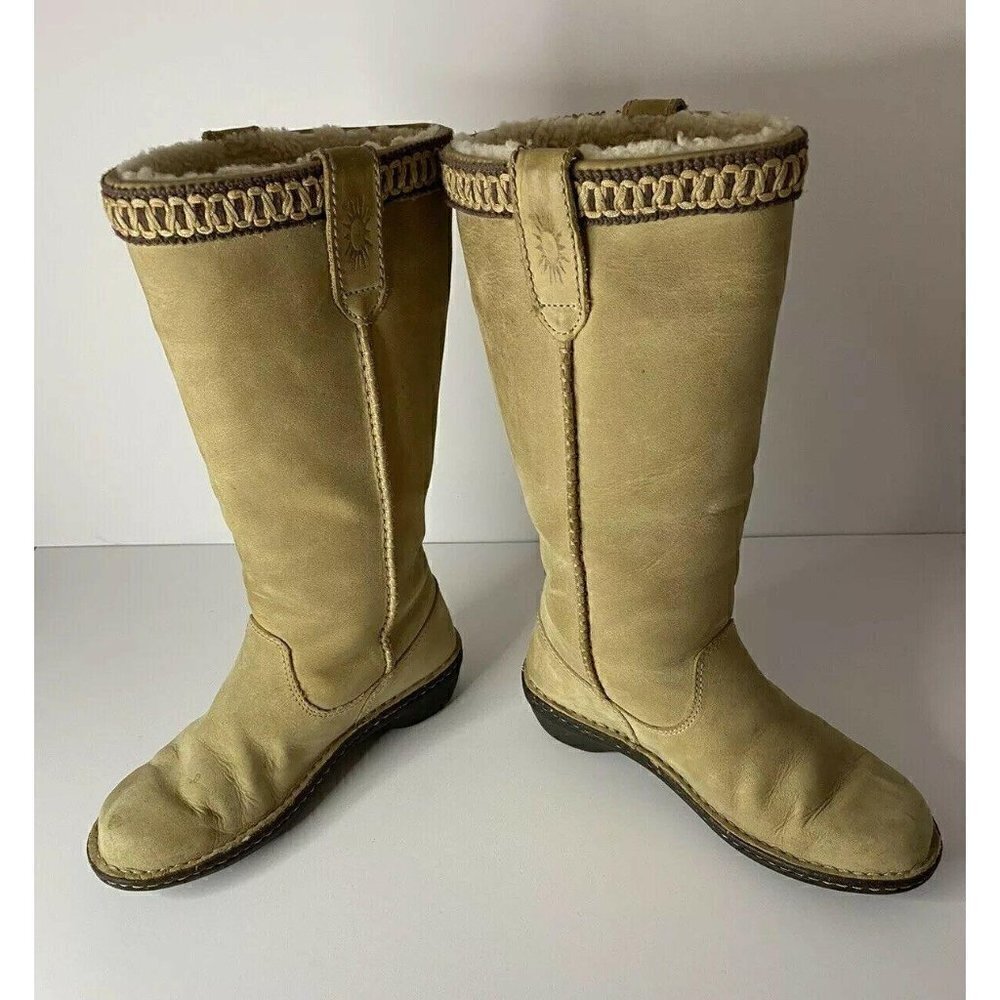 UGG Braided Size 5 Knee-High Riding Boots Suede Sheepskin Shearling Tan EUC